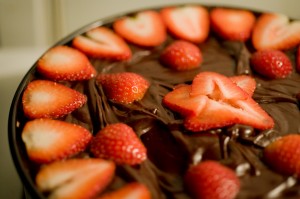 Chocolate Hazelnut Mousse Cake with Sliced Strawberries