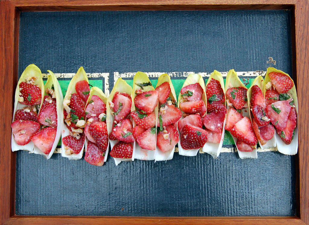 Gluten-free Florida Strawberry Shrimp Ceviche Endive Bites.