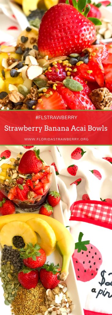 Strawberry Banana Acai bowls are the perfect use of frozen Florida Strawberries! They're a great way to pack in nutrition and antioxidants into breakfast, lunch, or an after school snack. Stock up on Florida Strawberries in March and freeze them to use in your Strawberry Banana Acai Bowls for months to come! #strawberryseason #strawberryrecipe #breakfastrecipes #breakfastideas #acaibowl
